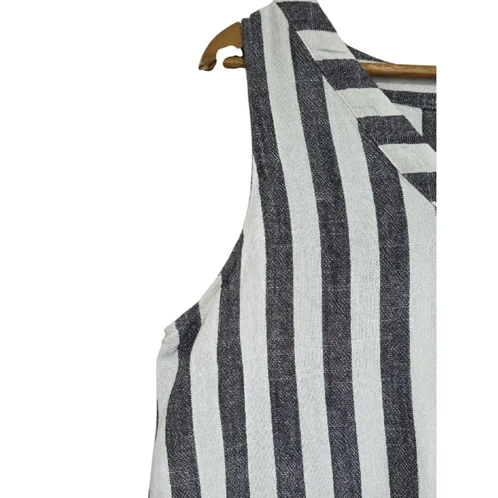 Umgee Sz M Black & White Strip Linen Blend Pocket Fringe Shabby Artsy BOHO Dress